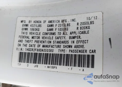 2013 Honda Accord Ex-L from USA, damaged, VIN 1HGCR2F86DA050060